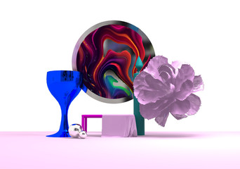 Still life with glass of wine pearls and staircase 3d abstract art composition 3d colorful illustration Trendy Abstract 3d Memphis scene Pool party Architecture Stylish hipster backdrop  objects 