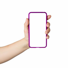 Woman hand holds smartphone with white screen. Isolated