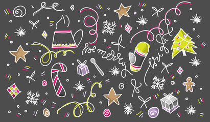 Merry Christmas hand drawn doodles. Fair tree, gift boxes. Creative pattern or greeting card template