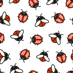 Seamless pattern with ladybirds and beetles on white background