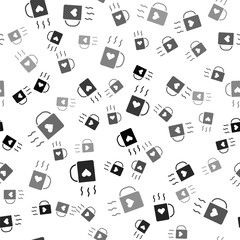 Black Coffee cup and heart icon isolated seamless pattern on white background. Couple coffee for lovers on Valentines Day. Vector Illustration.