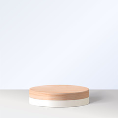 Abstract minimal scene with geometric forms. cylinder wood podium in white background. product presentation, mock up, show cosmetic product, Podium, stage pedestal or platform. 3d vector
