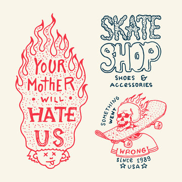 Skateboard badges and logo. Vintage retro Template for t-shirt. Burning skull with a board. Fiery and fiery head. The phrase with capital letters. Hand Drawn engraved sketch for shop or tattoo.