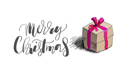 Merry Christmas hand drawn doodles. Gift box with a lettering sign included.