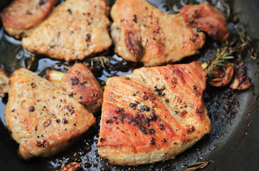 cooked meat in pan for make steak in home 