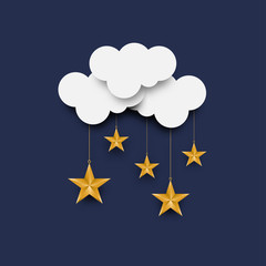 Paper art with clouds and stars. Raining stars background. Vector illustration.