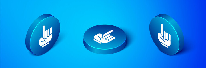 Isometric Number 1 one fan hand glove with finger raised icon isolated on blue background. Symbol of team support in competitions. Blue circle button. Vector Illustration.