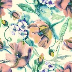 Poppies Seamless Pattern, Watercolor Background.