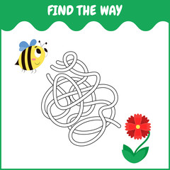 Find the way with bee and flower. Cute game for preschool kids. A bee flies and looks for a path to a flower through a maze to collect nectar. Vector flat cartoon illustration.