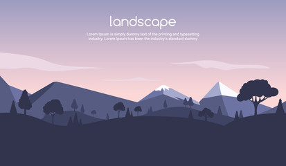 Fototapeta na wymiar Landscape sunset flat background. Nature sky, mountain scene, summer cartoon sunset landscape travel design