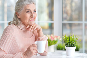 Beautiful senior woman drinking tea at home