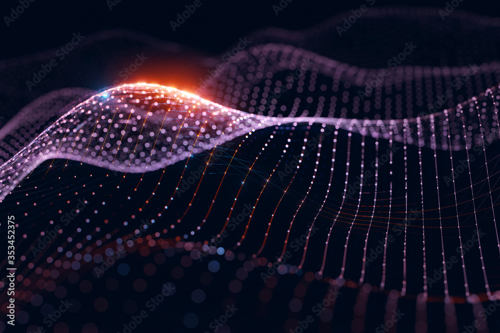 Poster Moving neon blue and orange wireframe pattern forming a digital network connection on dark background