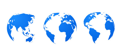 Globe earth world vector map. 3d blue transparent digital planet round globe icon set