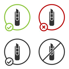 Black Stationery knife icon isolated on white background. Office paper cutter. Circle button. Vector Illustration.