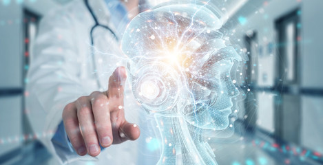 Scientist using digital artificial intelligence holographic projection 3D rendering