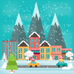 Merry christmas and Happy new year in town. Winter landscape. Vector illustration.