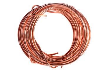 Roll of copper scrap wire  isolated on white background - obrazy, fototapety, plakaty