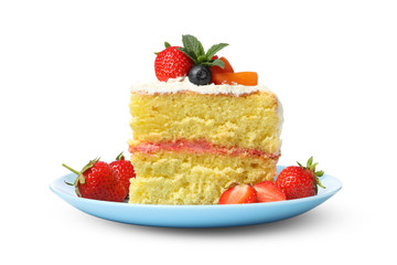 Plate with berry cream cake isolated on white background