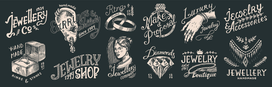 Women's jewelry shop badges and logo set. Luxury accessories, wedding rings, Victorian woman and Earring. Bracelet on hand. Vintage retro Templates for typography or signboards. Drawn engraved sketch.
