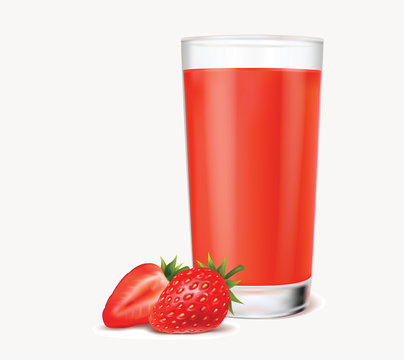 A glass of juice and fresh strawberries on a white background