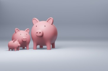 3D render - Piggy bank with coins money cash isolated on white background, Icon piggy bank in isometric style, concept of saving money. Pig money box icon.