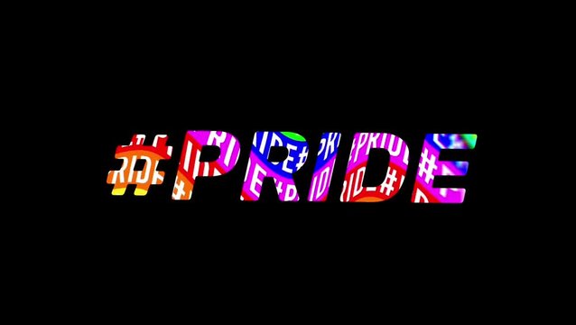 Modern gay pride background with social media hashtag in graphic multi-color striped rainbow wave pattern behind masked lettering