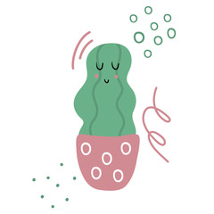 Cute cacti with eyes. Doodles on the background. Plant in a flower pot