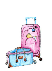 Watercolor hand drawn bright colors suitcase with luggage close up isolated on white background. Baggage and handle bag need for travelling, some activities, summer holidays, weekend.