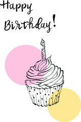 happy birthday card with cupcake. Outline vector isolated design elements on white background. Concept for logo, menu, cards , pint 