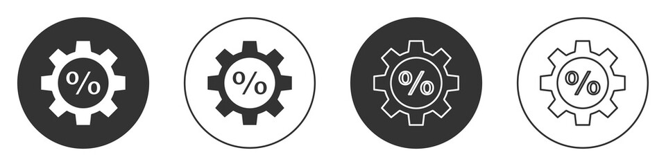 Black Gear with percent icon isolated on white background. Circle button. Vector Illustration.