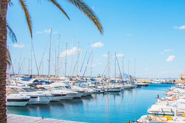 Calpe,Alicante, Valencia, Spain - 21/03/2019 - View of yachts and sailing boats in the marina port of  Calpe