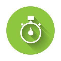 White Stopwatch icon isolated with long shadow. Time timer sign. Chronometer sign. Green circle button. Vector Illustration.