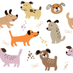 Childish seamless pattern with funny creative dogs. Trendy scandinavian vector background. Perfect for kids apparel,fabric, textile, nursery decoration, wrapping paper