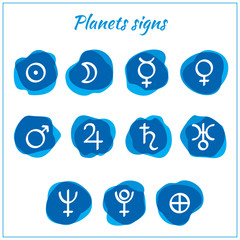 Zodiac planet icons. Set of hand drawn watercolor brush zodiac planet signs. Astrological signs isolated on white background