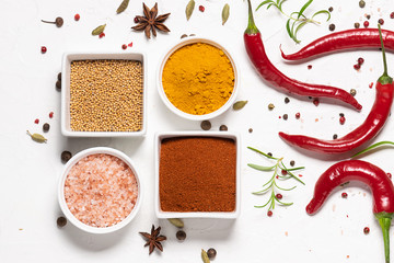 Set of natural aromatic spices and herbs on white concrete background top view.