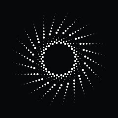 Radial white rotated arrow speed lines in round form. Halftone dots. Explosion background. Star rays. Sunburst. Design element for frames, prints, web, template, logo and textile pattern