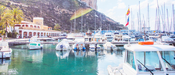 Calpe,Alicante, Valencia, Spain - 21/03/2019 - View of yachts and sailing boats in the marina port of  Calpe