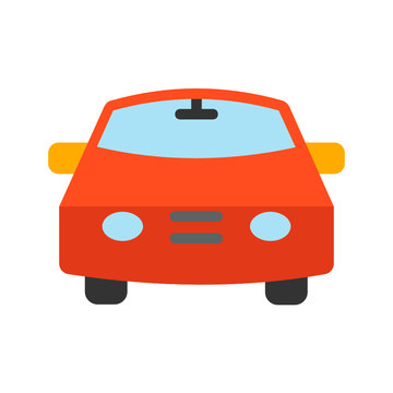 Simple Mini Sedan Red Car Front View Concept Vector Color Icon Design, Car Garage Symbol on white background, 