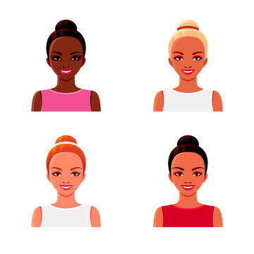 Smiling girls with various hairstyles. Afro-American, blonde, brunette, ginger women. Avatar faces set. Vector cartoon isolated illustrations.