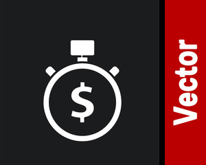 White Time is money icon isolated on black background. Money is time. Effective time management. Convert time to money. Stopwatch. Vector Illustration.