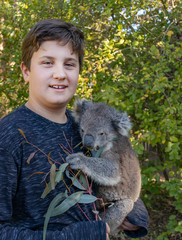 A Boy Cuddling a Koala Pup