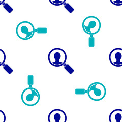 Blue Magnifying glass for search a people icon isolated seamless pattern on white background. Recruitment or selection. Search for employees and job. Vector Illustration.