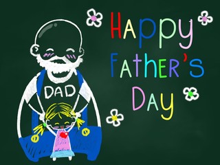 Happy Father’s Day Father and Daughter kid drawing on chalkboard 