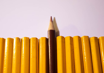 Red pencil standing out from crowd of plenty identical black fellows on white background....