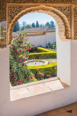 Granada, Spain - March 11, 2019: Gardens of Alhambra of Granada, Spain.