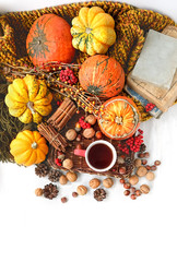 pumpkins, nuts, tea cup on white table. cozy autumn composition. thanksgiving holiday, fall season concept