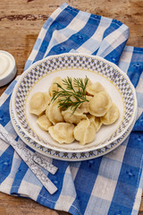 Hot meat dumplings with fresh sour cream. Traditional russian pelmeni, ravioli, greens