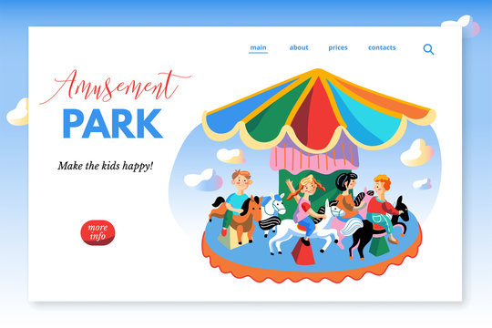 Amusement park webpage template. Kids ride on carousel flat vector illustration. Smiling little boys and girls cartoon characters. Active summer recreation, fairground leisure.
