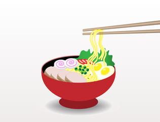Japanese ramen noodles soup with porks, eggs, chili and chives in bowl, chopsticks holding . Isolated in white background. Side view. Vector Illustration.