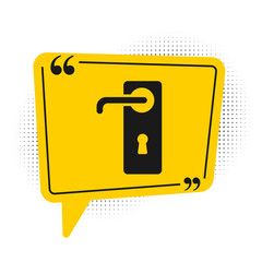 Black Door handle icon isolated on white background. Door lock sign. Yellow speech bubble symbol. Vector Illustration.